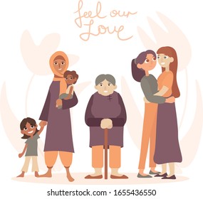 International women's day (Feel our love) flat vector banner, poster, card. Different women stand