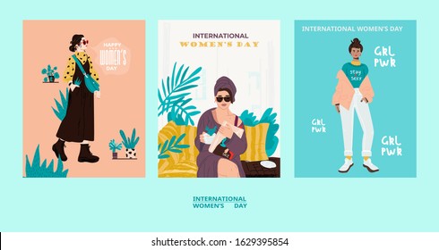 International Women's Day. Female characters - girl power and feminism concept - diverse women standing together and defending their rights. Vector templates for card, poster, flyer and other users.