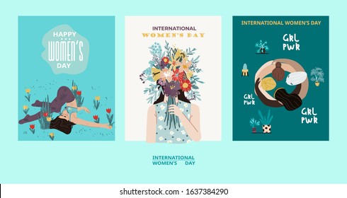 International Women's Day. Female characters - girl power and feminism concept - diverse women standing together and defending their rights. Vector templates for card, poster, flyer and other users.