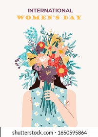 International Women's Day. Female characters.girl power and feminism concept.the girl stands with a large bouquet of flowers in front of her. Vector templates for card, poster, flyer and other uses