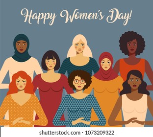 International Women's Day. Female Diverse Faces Of Different Ethnicity. Vector Template With For Card, Poster, Flyer And Other Users.