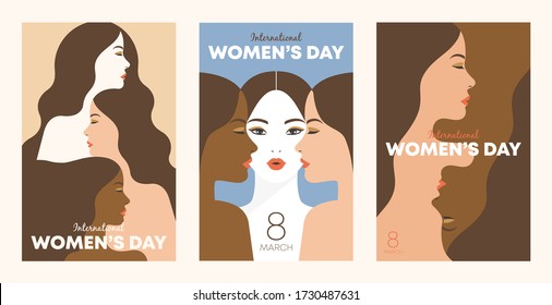 International Women's Day. Female diverse faces of different ethnicity poster. Women empowerment movement pattern. Vector templates for card, poster, flyer and other users.