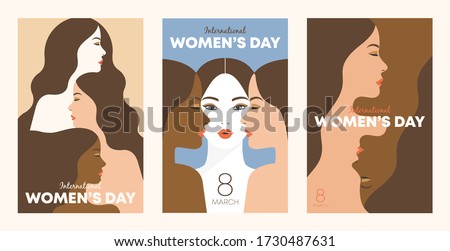 International Women's Day. Female diverse faces of different ethnicity poster. Women empowerment movement pattern. Vector templates for card, poster, banner, flyer and other users.