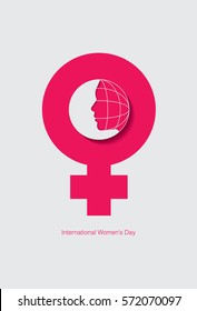 International women's day with female face and globe outline. Vector illustration