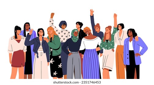 International womens day. Female group support feminists, different happy girls stay together. Equal community and modern multiethnic sisterhood. Flat isolated vector illustration on white background