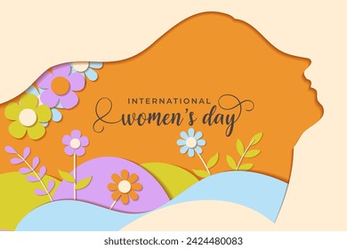 International Women's Day. Female Silhouette, Flowers Paper Cut Style Theme Banner Background.