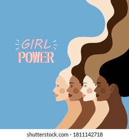 International Women's Day Feminism card with hand drawn cartoon characters of women for poster, flyer etc in modern flat minimalism style, vector illustration.