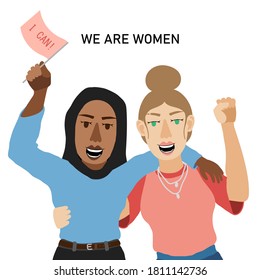 International Women's Day Feminism card with hand drawn cartoon characters of women for poster, flyer etc in modern flat minimalism style, vector illustration.