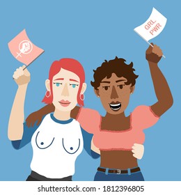 International Women's Day Feminism card with hand drawn cartoon characters of women for poster, flyer etc in modern flat minimalism style, vector illustration.