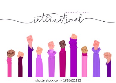 International Women's Day. Feminism concept, female hands up with fists.