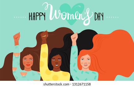 International Women's Day, feminism, girl power concept. Group of women different nationalities and cultures showing their power. Women empowerment. Vector illustration.