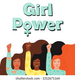 International Women's Day, feminism, girl power concept. Group of women different nationalities and cultures showing their power. Women empowerment. Vector illustration on white background.