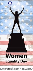 International Women's Day. feminism. Girl silhouettes on a pedestal - statue with a symbol of feminism. A mirror of an aphrodite. Against the background of the Amerikan flag. Illustration for  design.
