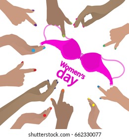 International Women's Day. feminism. Hands pointing at the bra. Illustration for your design.
