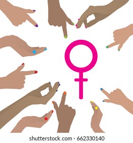 International Women's Day. feminism. Hands pointing at the symbol of the Venus mirror. Illustration for your design.