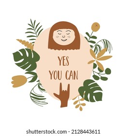 International Womens day. Feminism phrase Yes you can. Abstract woman face shapes. Female faces and tropical plant. Girls head and hand isolated element. Vector illustration. Support girl sticker.