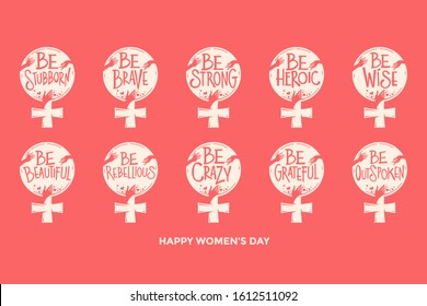 International women's day with feminism quote and woman motivational slogan set vector