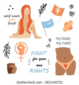 International Women's Day Feminism set with hand drawn cartoon characters of women for poster, flyer etc in modern flat minimalism style, vector illustration.