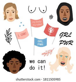 International Women's Day Feminism set with hand drawn cartoon characters of women for poster, flyer etc in modern flat minimalism style, vector illustration.