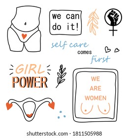 International Women's Day Feminism set with hand drawn cartoon characters of women for poster, flyer etc in modern flat minimalism style, vector illustration.