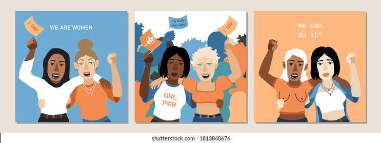 International Women's Day Feminism set with hand drawn cartoon characters of women for poster, flyer etc in modern flat minimalism style, vector illustration.