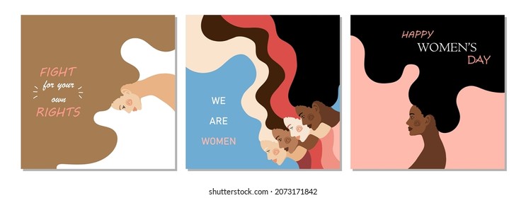 International Women's Day Feminism set of cards with hand drawn cartoon characters of women in modern flat minimalism style, vector illustration