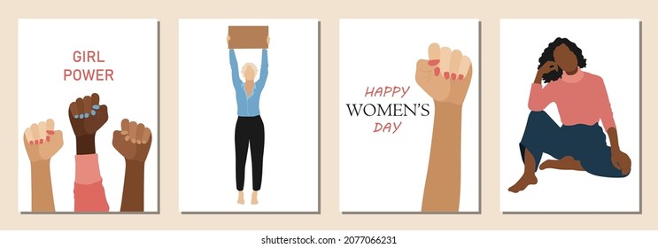 International Women's Day Feminism set of cards with hand drawn cartoon characters of women in modern flat minimalism style, vector illustration