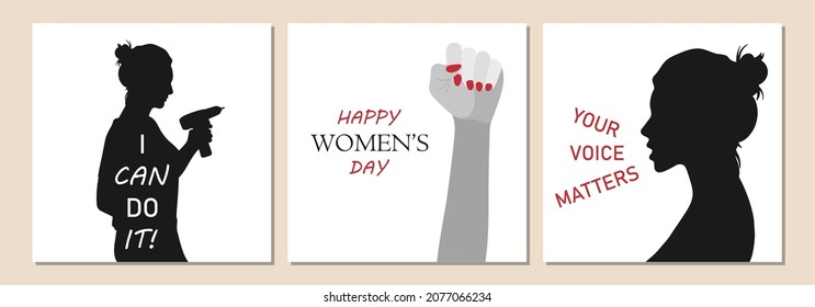 International Women's Day Feminism set of cards with hand drawn cartoon characters of women in modern flat minimalism style, vector illustration