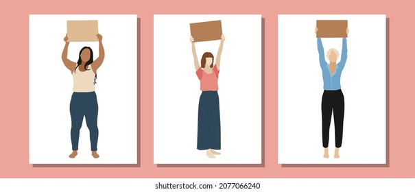 International Women's Day Feminism set of cards with hand drawn cartoon characters of women in modern flat minimalism style, vector illustration