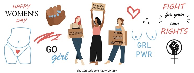 International Women's Day Feminism set of cards with hand drawn cartoon characters of women in modern flat minimalism style, vector illustration