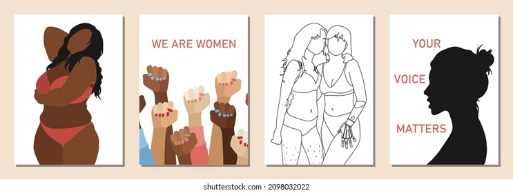 International Women's Day Feminism set of cards with hand drawn cartoon characters of women in modern flat minimalism style, vector illustration