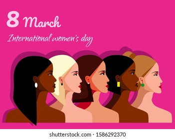 International Womens Day. Feminism. Vector illustration with with different women. Struggle for freedom, independence, equality. vector