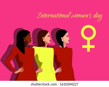 International Womens Day. Feminism. Vector illustration with with different women. Struggle for freedom, independence, equality. vector