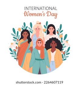 International Women's Day. Feminism and women equality, empowerment. Sisterhood, friend support. Vector illustration in flat style