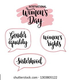 International Womens Day and feminist slogans typography set: womens rights, gender equality, sisterhood