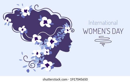 International womens day festive vector illustration. Silhouette of a girl's head with hand drawn spring flowers and leaves. Horizontal format for a web banner or greeting card.