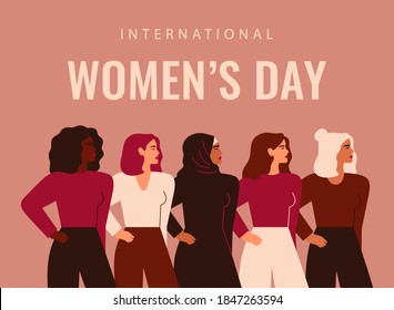 International Women's Day. Five strong girls of different cultures and ethnicities stand side by side. Vector concept of gender equality and of the female empowerment movement.