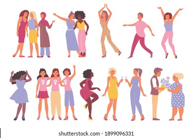 International womens day flat icons set with happy female characters of different nationalities and age isolated vector illustration