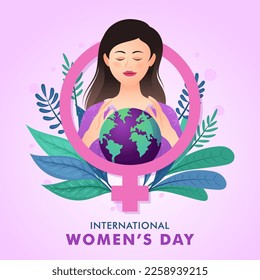 International women's day with flat style cute long hair girl with globe and floral illustration 