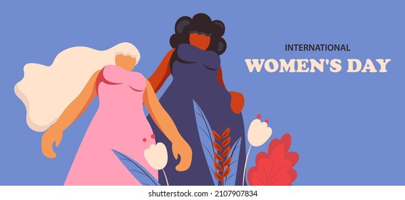 International Women's Day. Flat vector female of different ethnicity. Women empowerment movement.