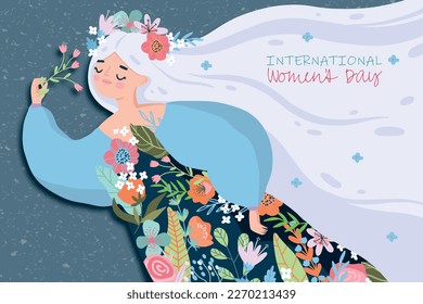 International Women's Day. Floral fairy with long hair and flowers in hand. Women in leadership, woman empowerment, gender equality concepts. Vector horizontal banner.