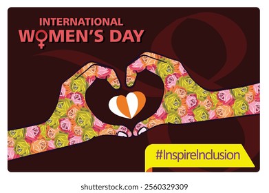 International Women's Day with floral pattern and heart symbol. Symbolizes empowerment, unity, and inclusion. Women's Day concept. Flat vector illustration.