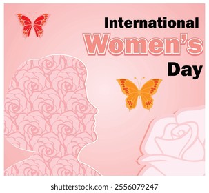 International Women's Day with a floral silhouette and butterflies. The soft pink tones evoke femininity, empowerment, and beauty. Flat vector modern illustration  