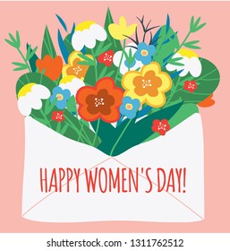International Women's Day. Flowers bouquet in envelope . Design template for card, poster, banner. Artistic vector illustration for 8 march