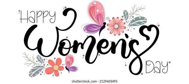 International Women's Day. Womens Day with flowers, butterfly, and leaves decoration. Illustration vector march 8th 