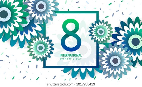 International women's day flyer. 8 number with green paper cut flowers vector illustration. Trendy Design Template. 