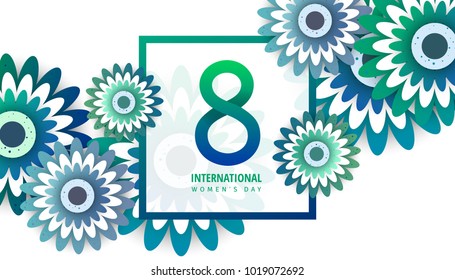 International women's day flyer. 8 number with green paper cut flowers vector illustration. Trendy Design Template. 