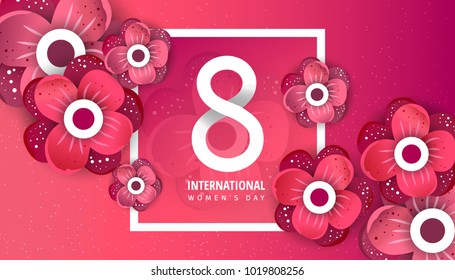 International women's day flyer. 8 number with green paper cut flowers vector illustration. Trendy Design Template. 