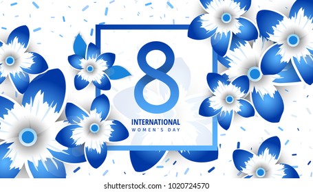 International women's day flyer. 8 number with blue paper cut flowers vector illustration. Trendy Design Template. 