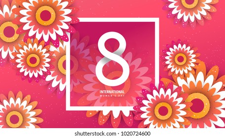 International women's day flyer. 8 number with paper cut flowers vector illustration. Trendy Design Template. 